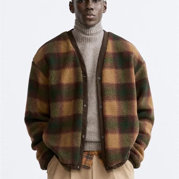 Zara | Jackets & Coats | Zara Check Faux Shearling Jacket Size Lxl